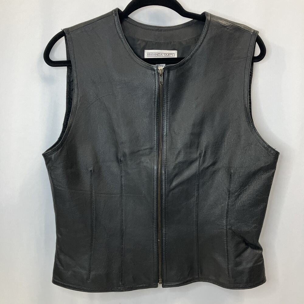 Vintage Amanda Smith Black Leather Women's Size 10 Zip Up Vest Biker
